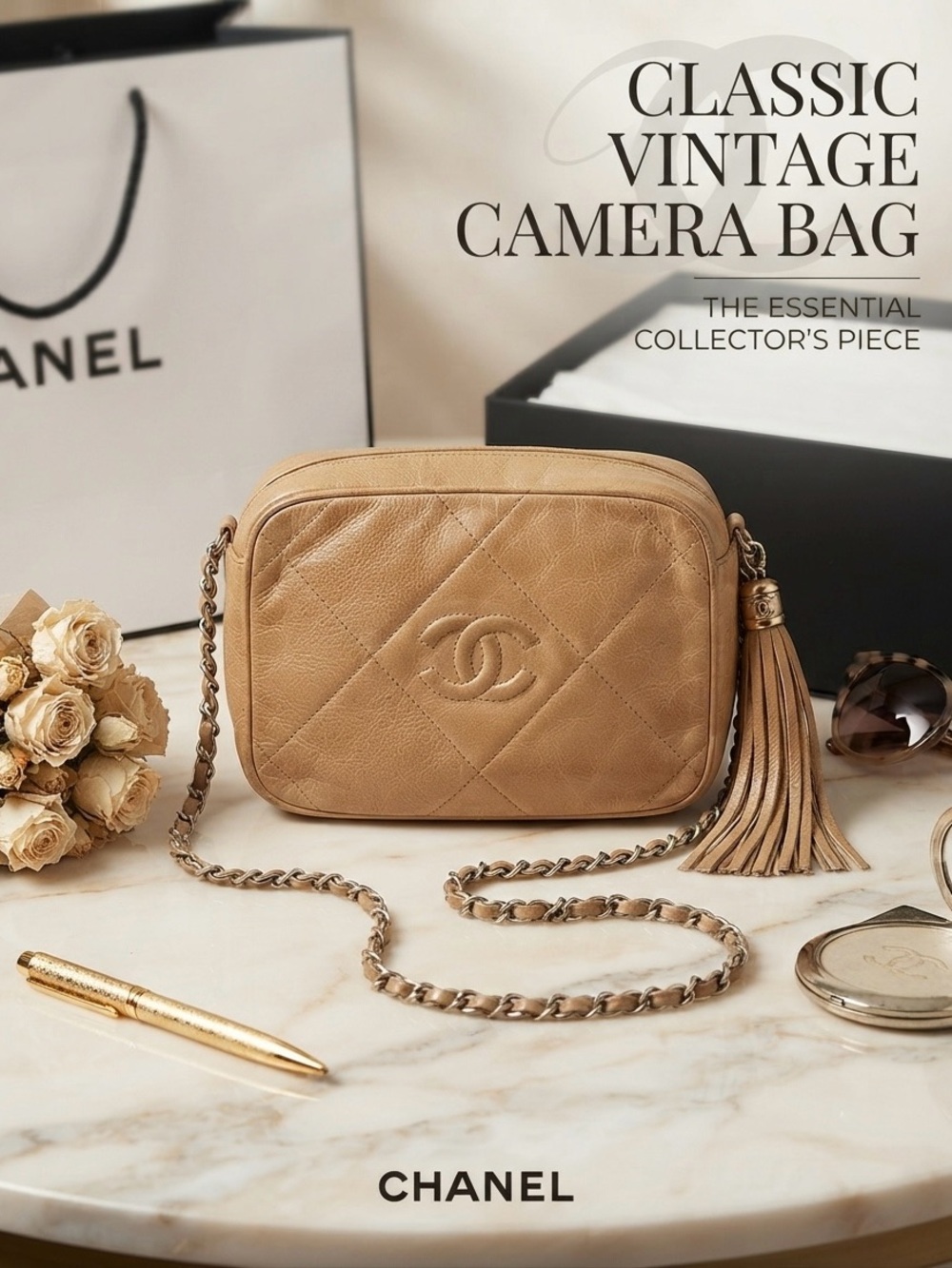 CHANEL Tan Quilted Lambskin Crossbody Camera Bag with Chain and Tassel